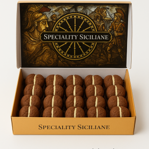 Baci Siciliani alla Mandorla con Crema di Pistacchio, dolci artigianali siciliani realizzati da Il Boss Gaspare Perniciaro, croccanti fuori e cremosi dentro, con packaging elegante.