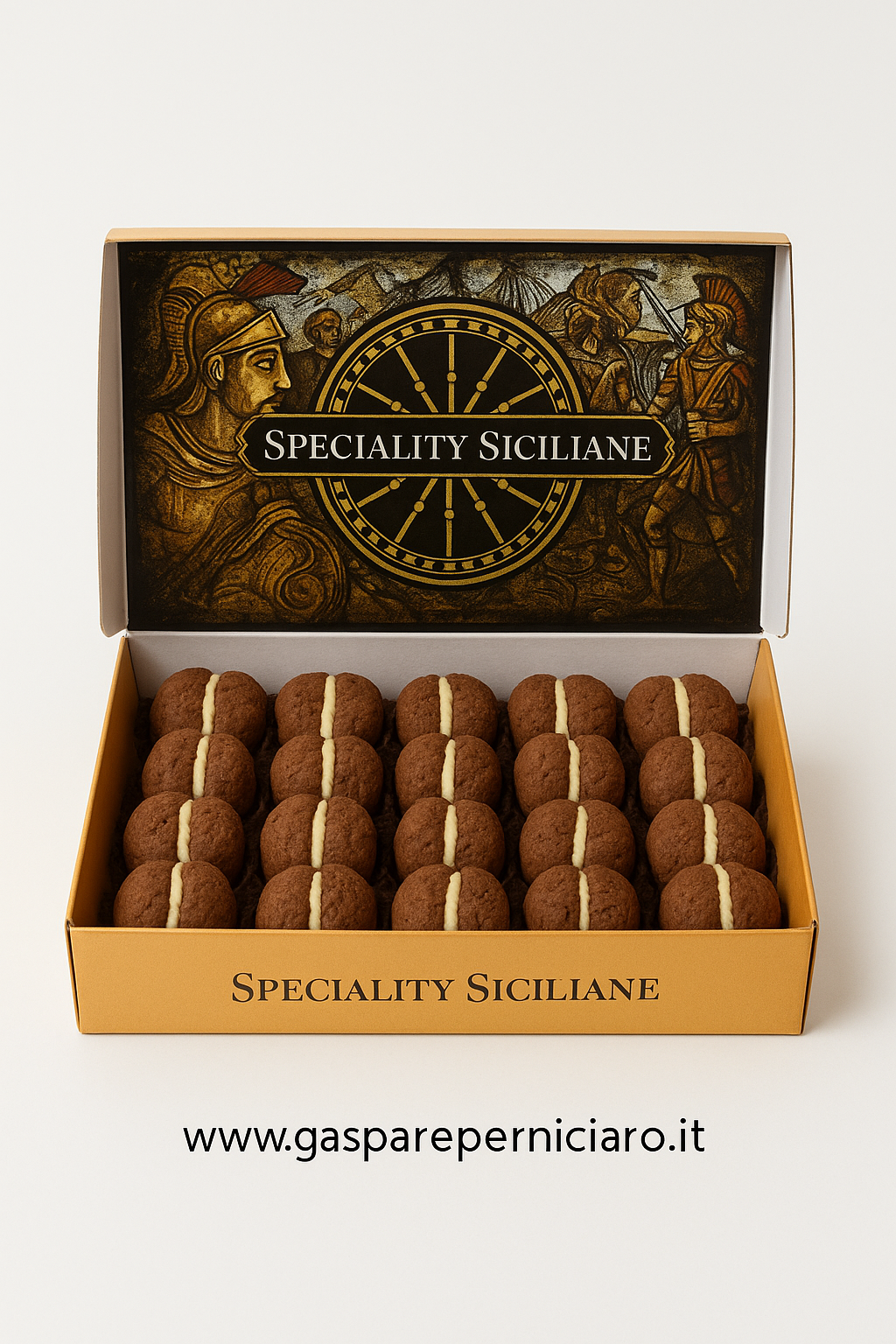 Baci Siciliani alla Mandorla con Crema di Pistacchio, dolci artigianali siciliani realizzati da Il Boss Gaspare Perniciaro, croccanti fuori e cremosi dentro, con packaging elegante.