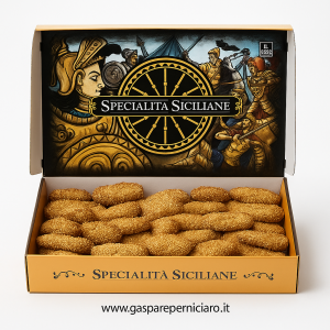 Confezione di Biscotti Regina al Sesamo di Sambuca di Sicilia, dolci artigianali siciliani dorati e croccanti con semi di sesamo, prodotti da Il Boss Gaspare Perniciaro.