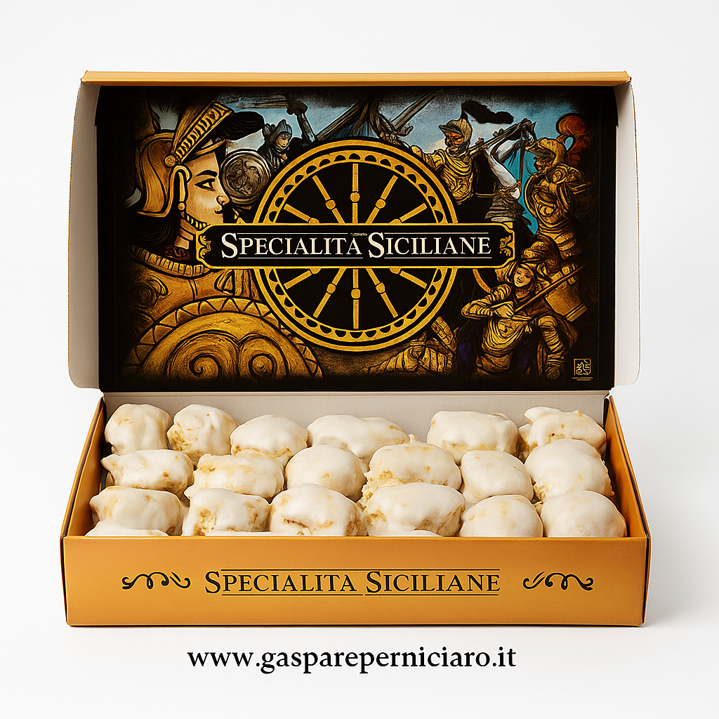Biscotti Tetù al Limone artigianali prodotti a Sambuca di Sicilia nel laboratorio Gaspare Perniciaro, confezionati in elegante scatola da 700 g, dolci genuini e profumati.