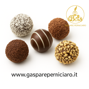 Dettaglio ravvicinato dei Tartufini al Rum artigianali siciliani, praline con guscio di cioccolato fondente e cuore cremoso al rhum, prodotte nel laboratorio di Sambuca di Sicilia.