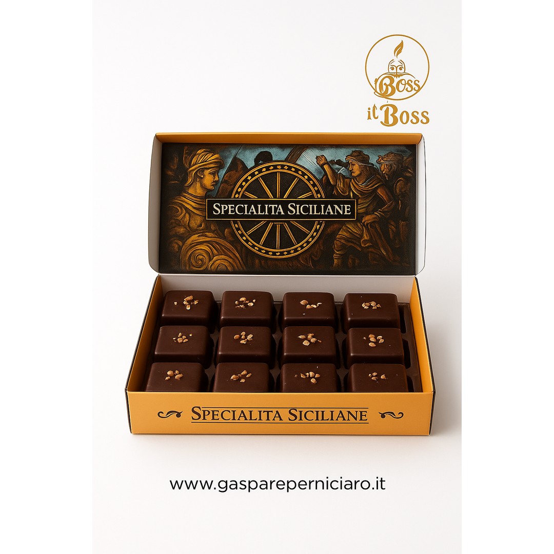 Rettangolini Modicani al cioccolato fondente con arachidi salati, dolci artigianali siciliani in confezione elegante, firmati Il Boss Gaspare Perniciaro.