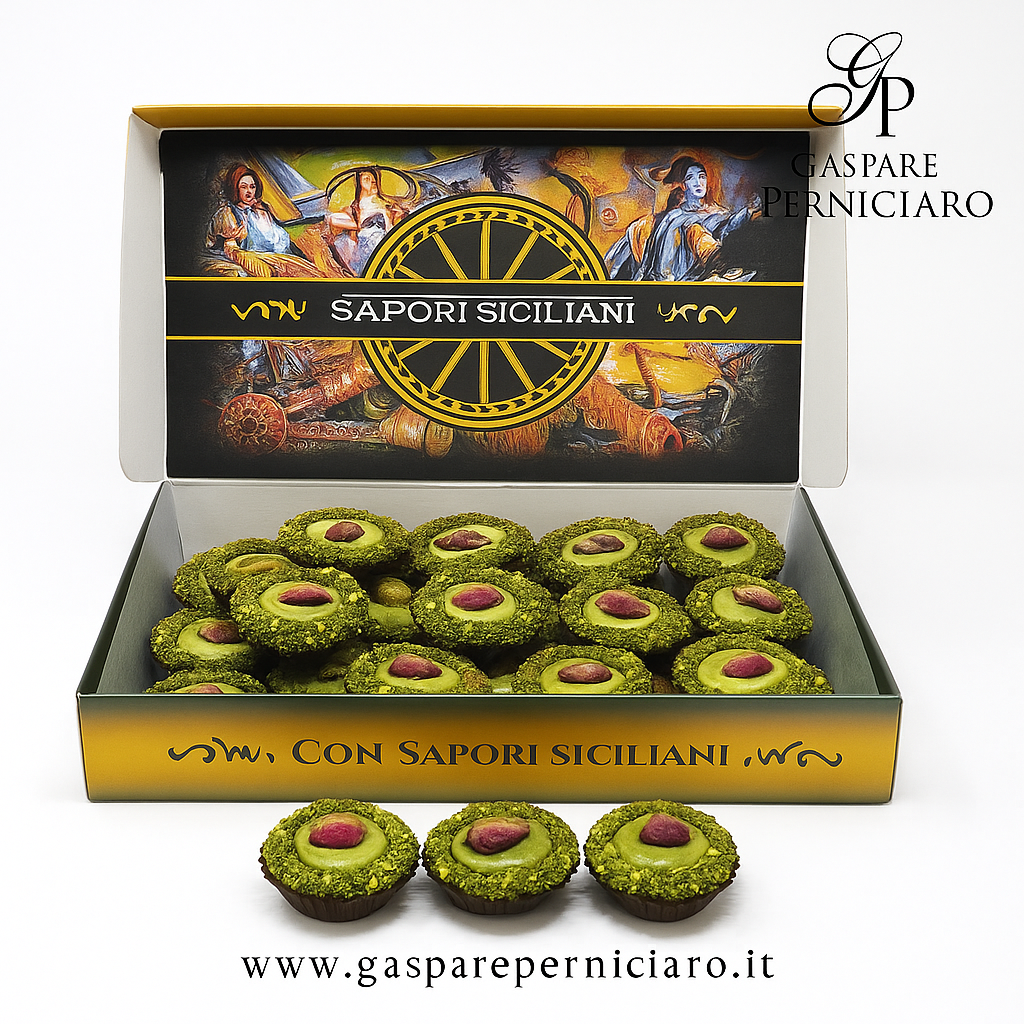 Vista dall’alto delle Tartellette Farcite Siciliane artigianali in confezione regalo elegante, con dettagli di crema e frolla che valorizzano il prodotto di Sambuca di Sicilia.