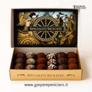 Scatola elegante di Tartufini al Rum, praline artigianali siciliane con cuore cremoso al cacao e rhum, realizzate dal produttore Gaspare Perniciaro a Sambuca di Sicilia.