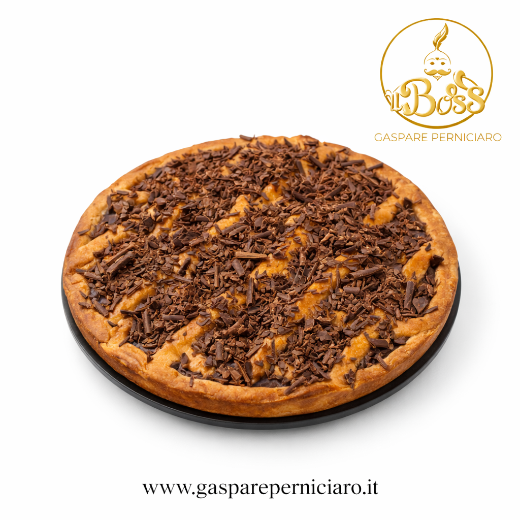 Crostata artigianale alla crema di nocciola e cacao da 1 kg, con frolla friabile e cuore cremoso, dolce da colazione o dessert goloso fatto a mano.
