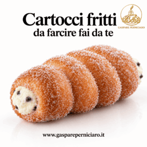 Cartoccio siciliano fritto ripreso in primo piano, con pasta dorata e morbida e farcitura di ricotta cremosa, dolce tipico della tradizione palermitana proposto dal Boss Gaspare Perniciaro.