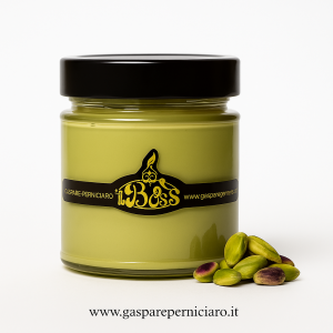 Vasetto in vetro da 220g di crema spalmabile al pistacchio siciliano artigianale Il Boss Gaspare Perniciaro, confezione elegante e realizzata a mano a Sambuca di Sicilia.