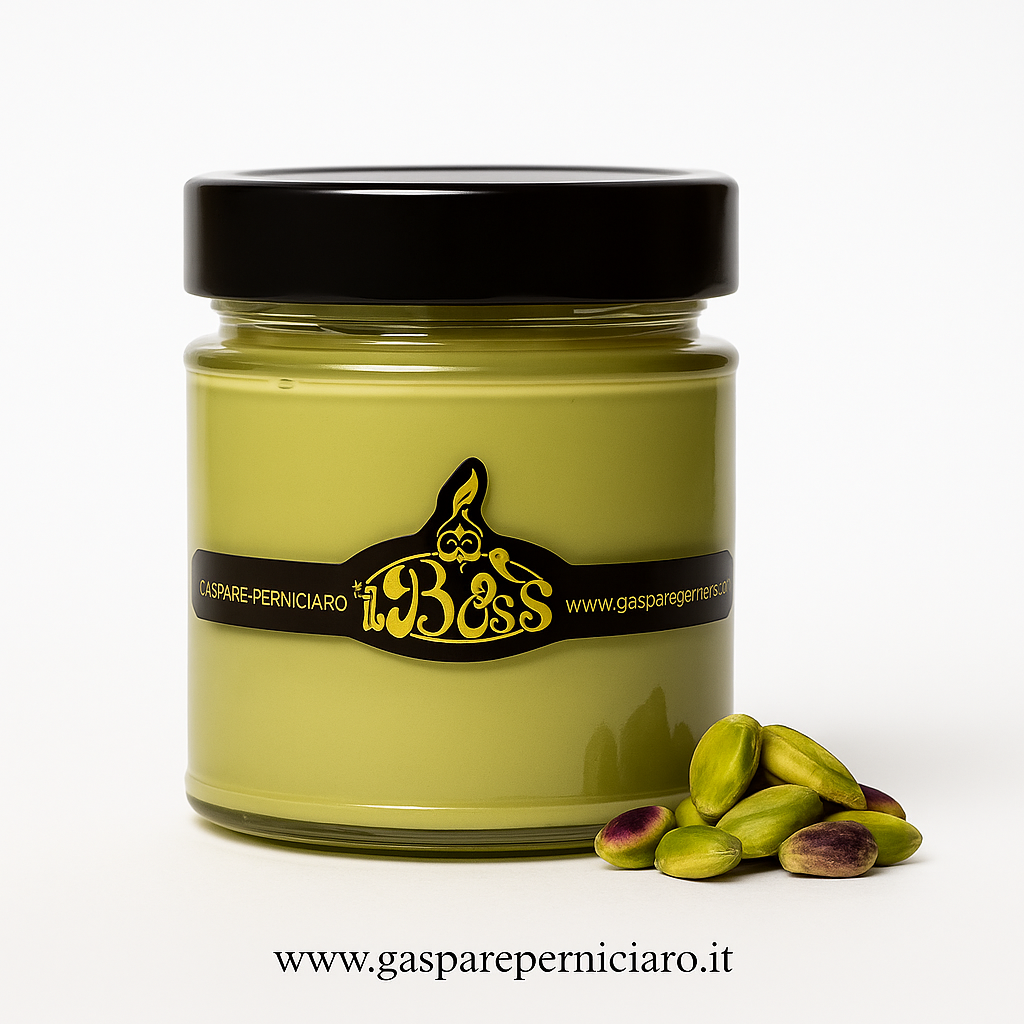 Vasetto in vetro da 220g di crema spalmabile al pistacchio siciliano artigianale Il Boss Gaspare Perniciaro, confezione elegante e realizzata a mano a Sambuca di Sicilia.