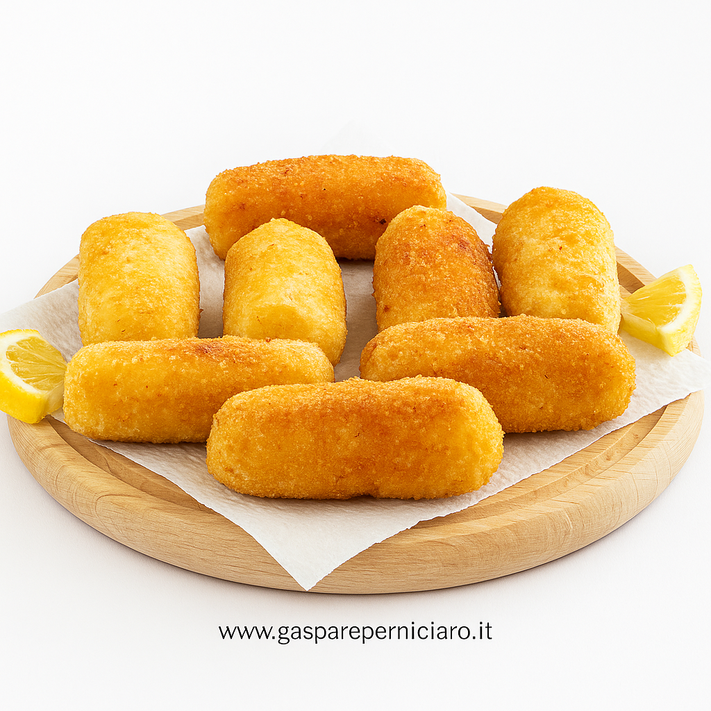 Crocchette di patate siciliane artigianali su tagliere con limone