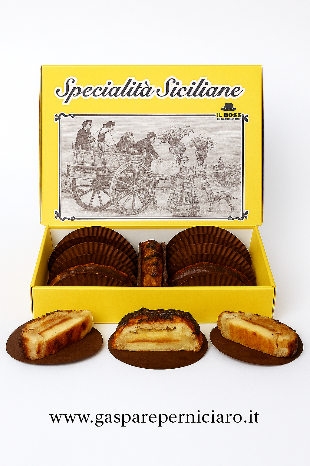 Foto scatolo Tronchetto di Mandorle Artigianale con tre pezzi in vista – Torta Delizia Siciliana fatta a mano con mandorle siciliane nel laboratorio di Gaspare Perniciaro, Via Teatro 10/12, Sambuca di Sicilia