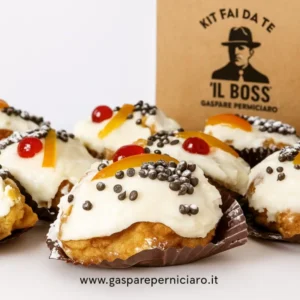 Quattro sfince di San Giuseppe con ricotta di pecora, ciliegie candite, filetti di arancia candita e gocce di cioccolato, presentate in primo piano.