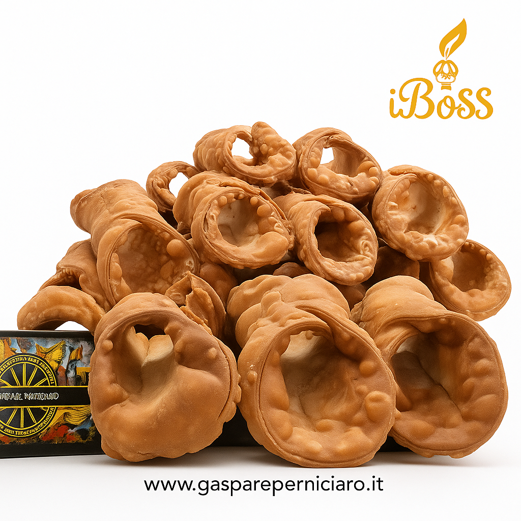 Cialde di cannolo siciliano artigianale croccanti e dorate, con bollicine perfette appena fritte, ideali per pasticcerie e ristoranti in tutta Europa.