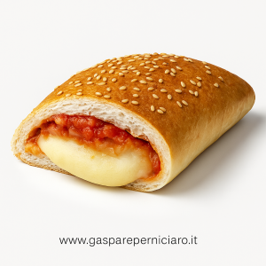 Calzone siciliano artigianale al forno con ripieno di prosciutto e mozzarella