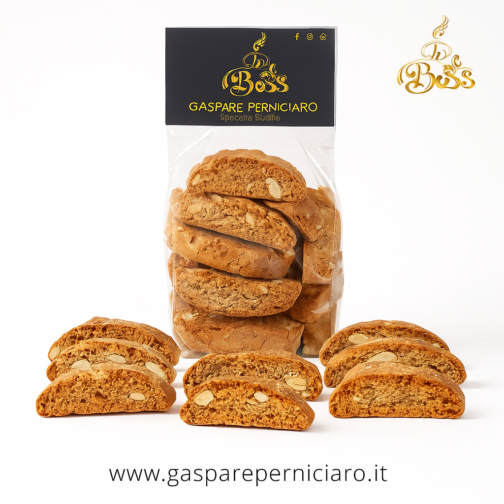 Biscotti Quaresimali alle Mandorle in busta da 300g, croccanti e artigianali, prodotti in Sicilia da Il Boss Gaspare Perniciaro, dolce tipico siciliano genuino.