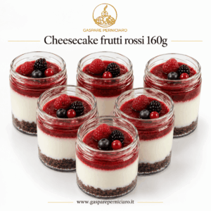 Confezione da sei Boss Cake Cheesecake ai Frutti Rossi in vasetti di vetro, dessert monoporzione con crema al formaggio, base al cacao e copertura ai frutti rossi per la ristorazione