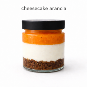 Cheesecake all’arancia in vasetto di vetro da 160g con crema cheesecake, biscotto al cioccolato e glassa all’arancia