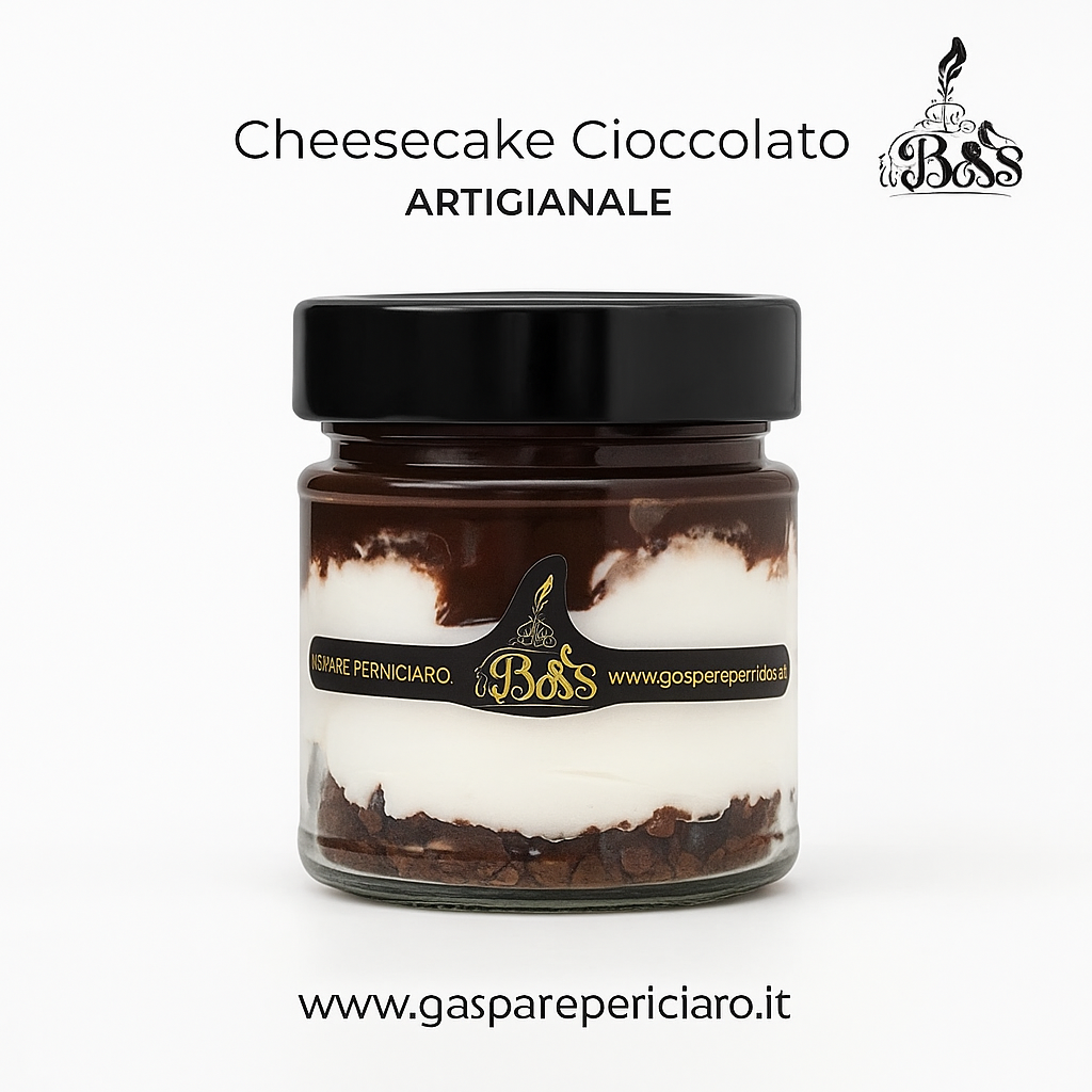 Cheesecake al cioccolato artigianale presentata in un vasetto di vetro elegante, con crema vellutata e copertura al cioccolato lucida, pronta da gustare e ideale per ristoranti e locali gourmet.