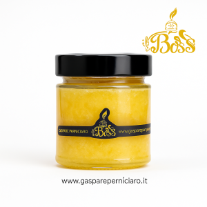 Granita all’Arancia Sabbiata artigianale in vasetto trasparente, prodotta a mano da Il Boss Gaspare Perniciaro a Sambuca di Sicilia con arance di Ribera.