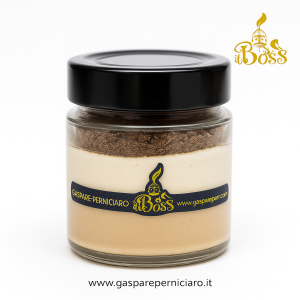 Mousse Modicana Monoporzione artigianale siciliana in vasetto di vetro elegante con strato al caffè e cioccolato grezzo alla cannella, prodotta a Sambuca di Sicilia dal Boss Gaspare Perniciaro.