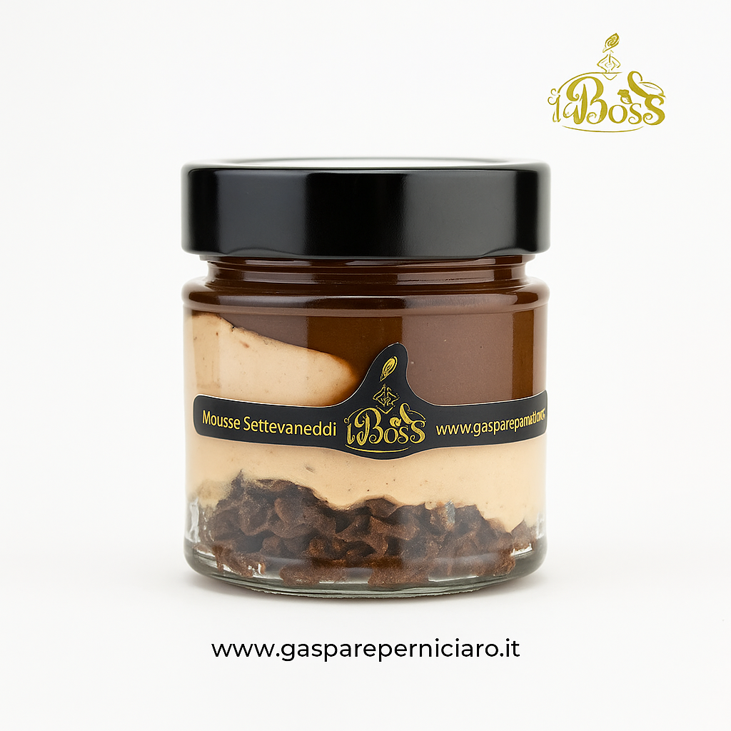 Vasetto di Mousse Settevaneddi artigianale siciliana Il Boss Gaspare Perniciaro, dessert monoporzione con strati di cioccolato e nocciola, confezione premium.