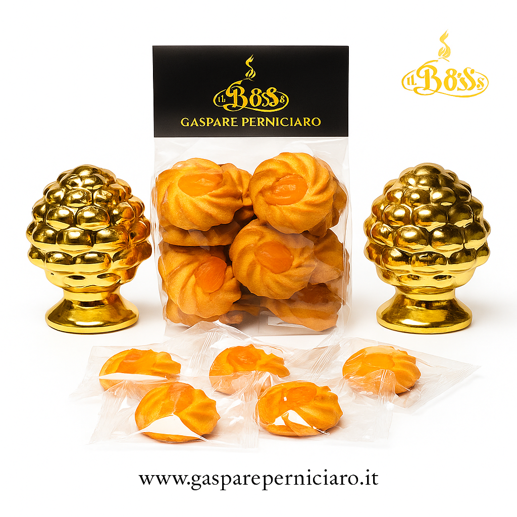 Confezione Riberesi in busta Il Boss Gaspare Perniciaro, dolcini di mandorla siciliana all’arancia di Ribera, artigianali, profumati, genuini e naturali.