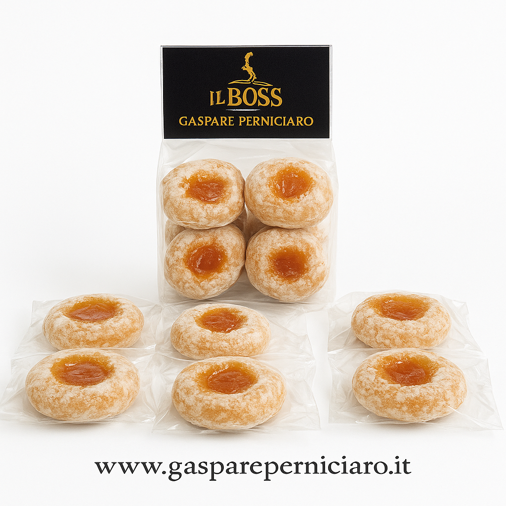 Busta da 200g e di 8 pz di sogni di paà , biscotti di mandorla farciti con confettura di albicocche.