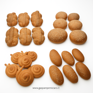 Panini di Rimacinato Siciliano artigianali con semi di sesamo su sfondo bianco