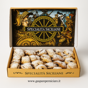 Scatola da 700g di Buccellati Siciliani Mignon con zucchero a velo, specialità artigianale Il Boss Gaspare Perniciaro Sambuca di Sicilia