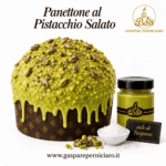 Panettone al Pistacchio Salato Pistacchissimo con glassa al pistacchio, granella di pistacchio, vasetto di crema e sale di Trapani