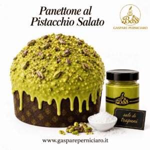 Panettone al Pistacchio Salato Pistacchissimo con glassa al pistacchio, granella di pistacchio, vasetto di crema e sale di Trapani