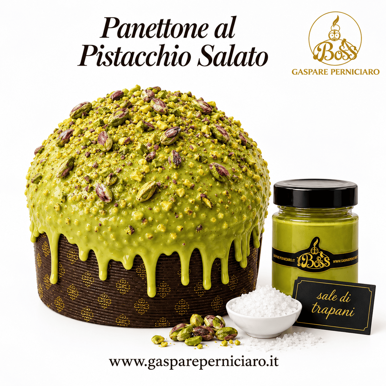 Panettone al Pistacchio Salato Pistacchissimo con glassa al pistacchio, granella di pistacchio, vasetto di crema e sale di Trapani
