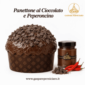 Panettone Artigianale al Cioccolato e Peperoncino del Boss Gaspare Perniciaro nella confezione premium con dettagli dorati e crema da 220 g
