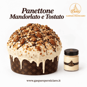 Panettone Mandorlato e Tostato con crema spalmabile alla Mandorla di Avola, glassa al cioccolato bianco, mandorle tostate e confezione elegante