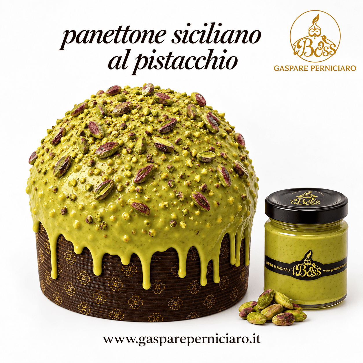Panettone al Pistacchio Siciliano Artigianale Gaspare Perniciaro con glassa, granella di pistacchio tostato e confezione regalo elegante