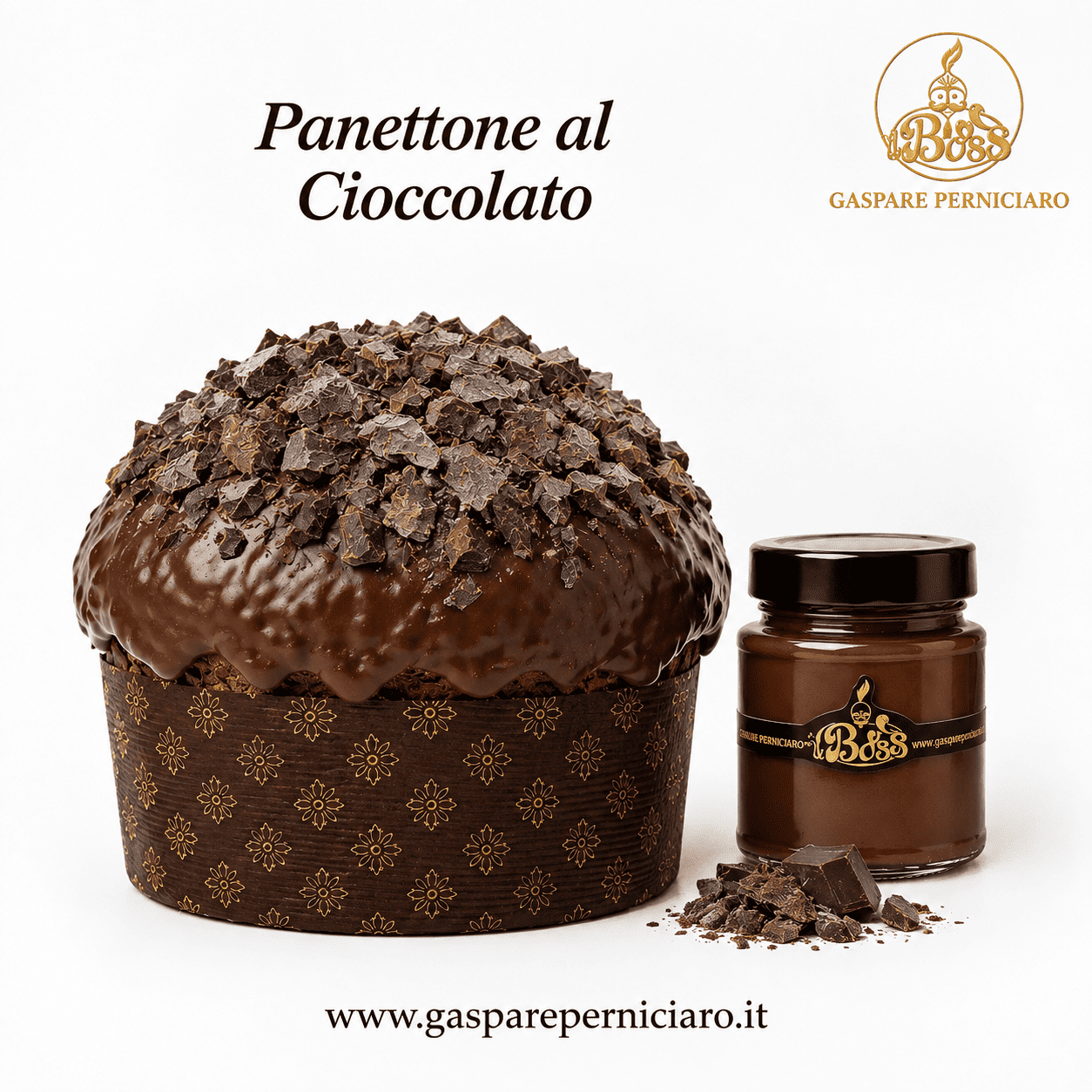 Panettone Siciliano al Cioccolato Artigianale del Boss con glassa fondente, confezione regalo elegante e crema spalmabile al cioccolato da 220 g.