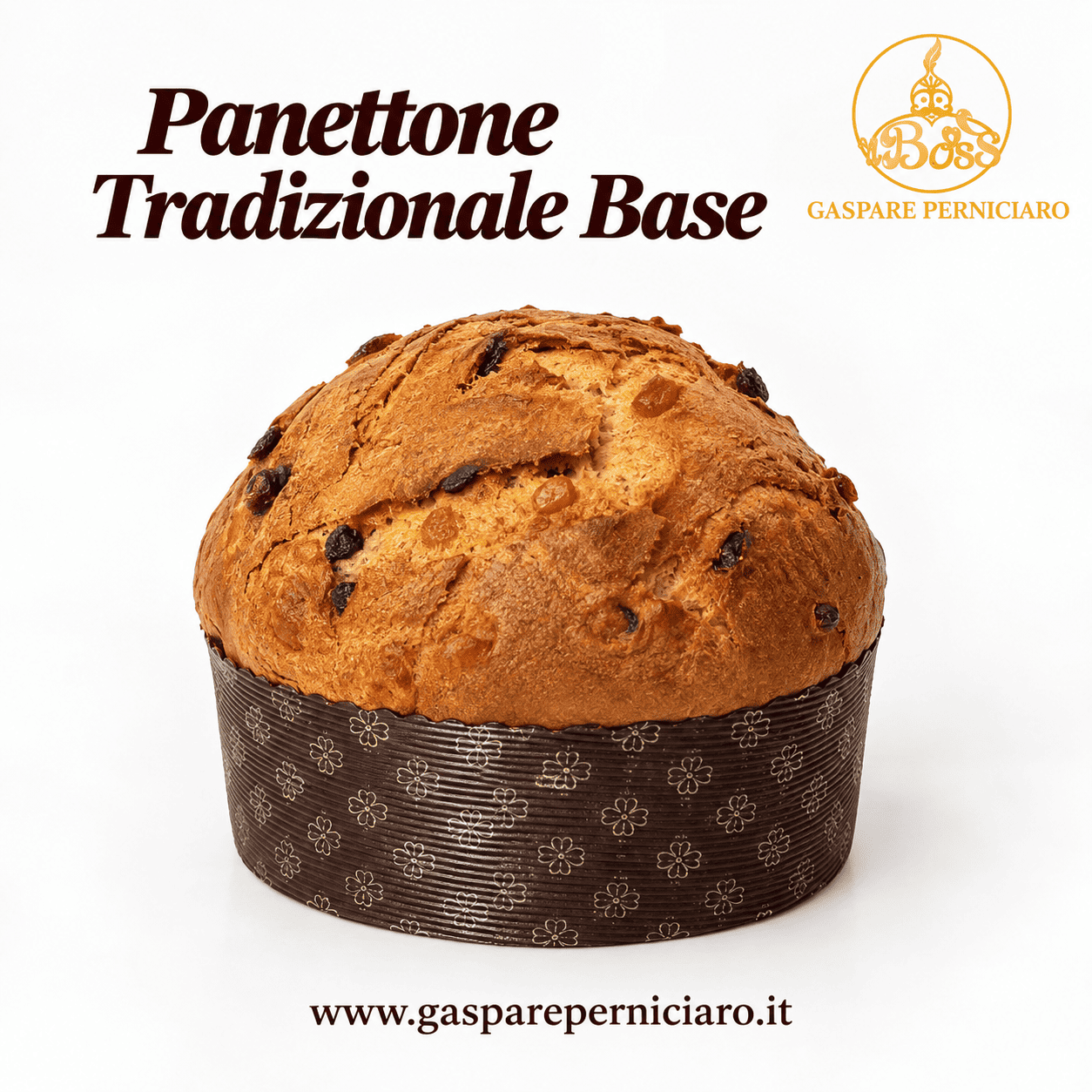 Panettone Tradizionale Artigianale BASE da 1 kg del Boss Gaspare Perniciaro, preparato a mano a Sambuca di Sicilia e presentato nella sua elegante confezione