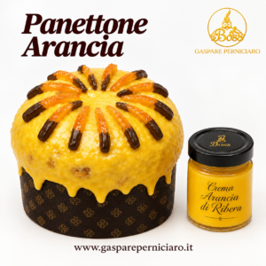 Panettone Artigianale alle Arance di Ribera DOP di Gaspare Perniciaro, presentato nella confezione regalo elegante con crema artigianale all’arancia da 220 g