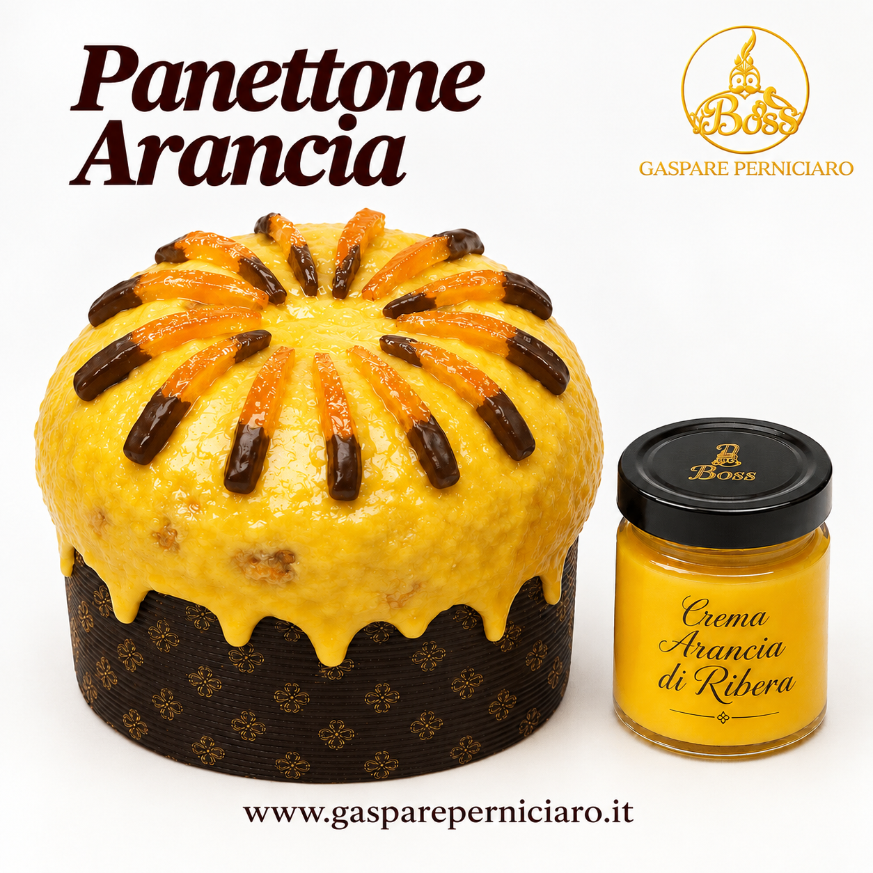 Panettone Artigianale alle Arance di Ribera DOP di Gaspare Perniciaro, presentato nella confezione regalo elegante con crema artigianale all’arancia da 220 g
