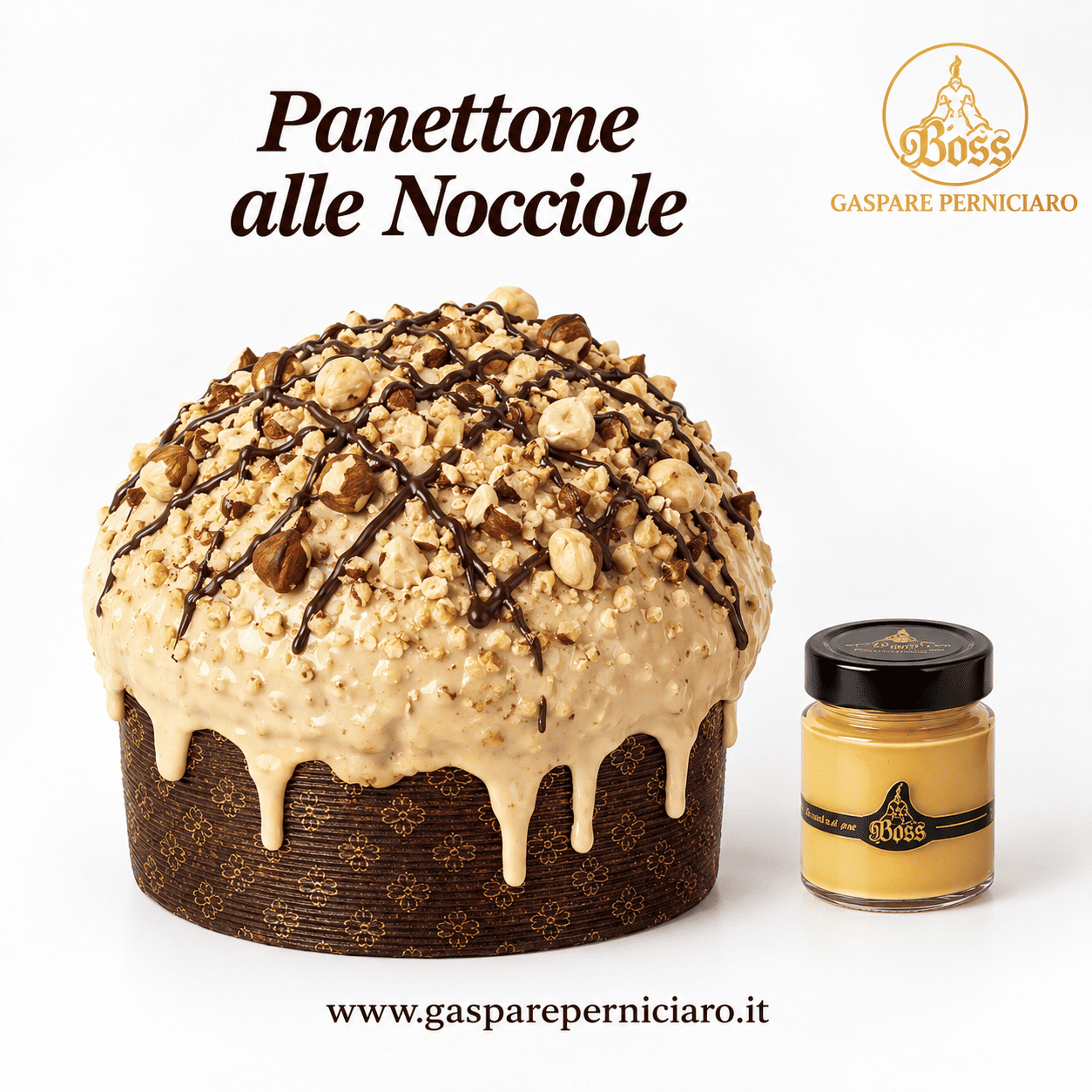Panettone artigianale siciliano alle nocciole tostate con glassa al cioccolato alla nocciola, granella e crema gourmet di nocciole
