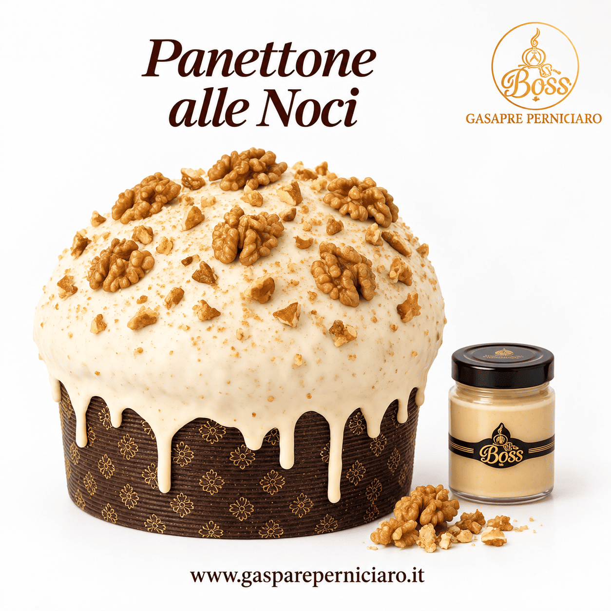 Panettone Artigianale Siciliano alle Noci con crema spalmabile da 220 g, confezione regalo avorio con logo dorato Il Boss Gaspare Perniciaro