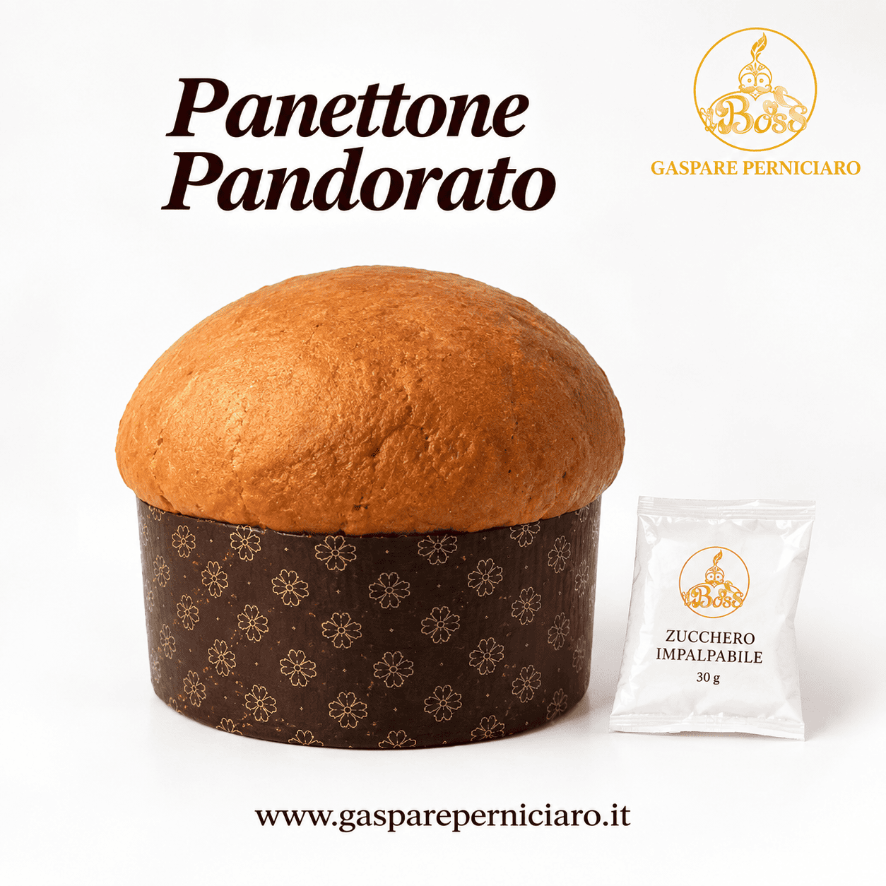 Panettone Pandorato Artigianale Siciliano di Il Boss Gaspare Perniciaro, grande lievitato natalizio soffice con confezione rigida a tema festivo