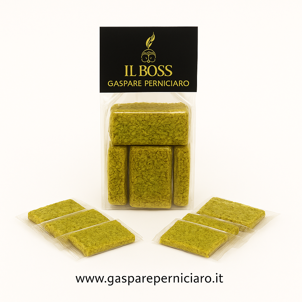 Confezione artigianale di Croccanti di Pistacchio siciliani Il Boss Gaspare Perniciaro, barrette dolci tipiche imbustate singolarmente e dal colore verde brillante.