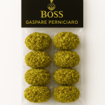 Confezione elegante di Ammogliati in busta con granella di pistacchio, dolcini artigianali siciliani con mandorle e pistacchi, firmati Il Boss Gaspare Perniciaro.