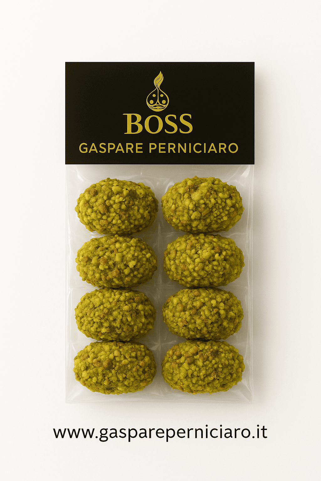 Confezione elegante di Ammogliati in busta con granella di pistacchio, dolcini artigianali siciliani con mandorle e pistacchi, firmati Il Boss Gaspare Perniciaro.