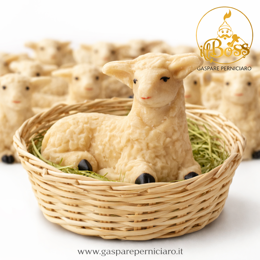 Pecorella Pasquale realizzata interamente con pasta di mandorla siciliana, dolce pasquale artigianale senza farciture prodotto a Sambuca di Sicilia dal 1995