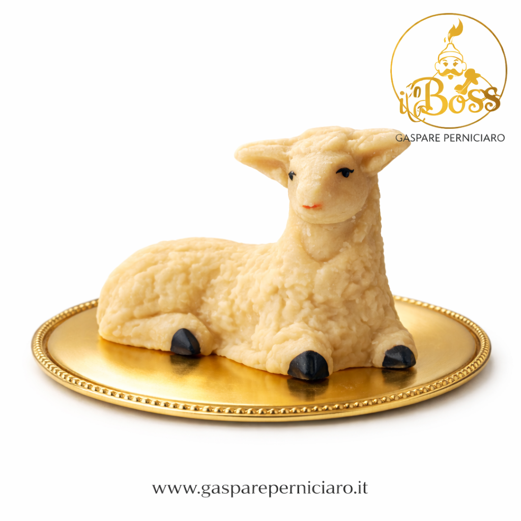 Dettaglio ravvicinato della Pecorella Pasquale in pasta di mandorla siciliana, lavorazione artigianale senza farciture, consistenza compatta e naturale