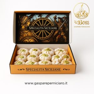 Paste di Mandorla con Pistacchio artigianali siciliane presentate in confezione regalo tipica, realizzate a Sambuca di Sicilia da Il Boss Gaspare Perniciaro.