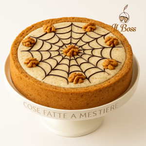Torta alle noci artigianale siciliana posizionata su alzata bianca elegante con decorazione a ragnatela al cioccolato e granella di noci, realizzata a mano nel laboratorio di Sambuca di Sicilia, dolce tradizionale con crema di noci e ingredienti locali di alta qualità