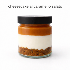Cheesecake al caramello salato in vasetto di vetro da 160g, dessert artigianale cremoso con topping al caramello
