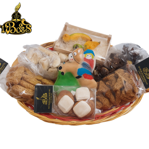 Cesto dei Defunti Siciliano, lu panareddu, con frutta di martorana, pupi di zucchero e dolci tradizionali